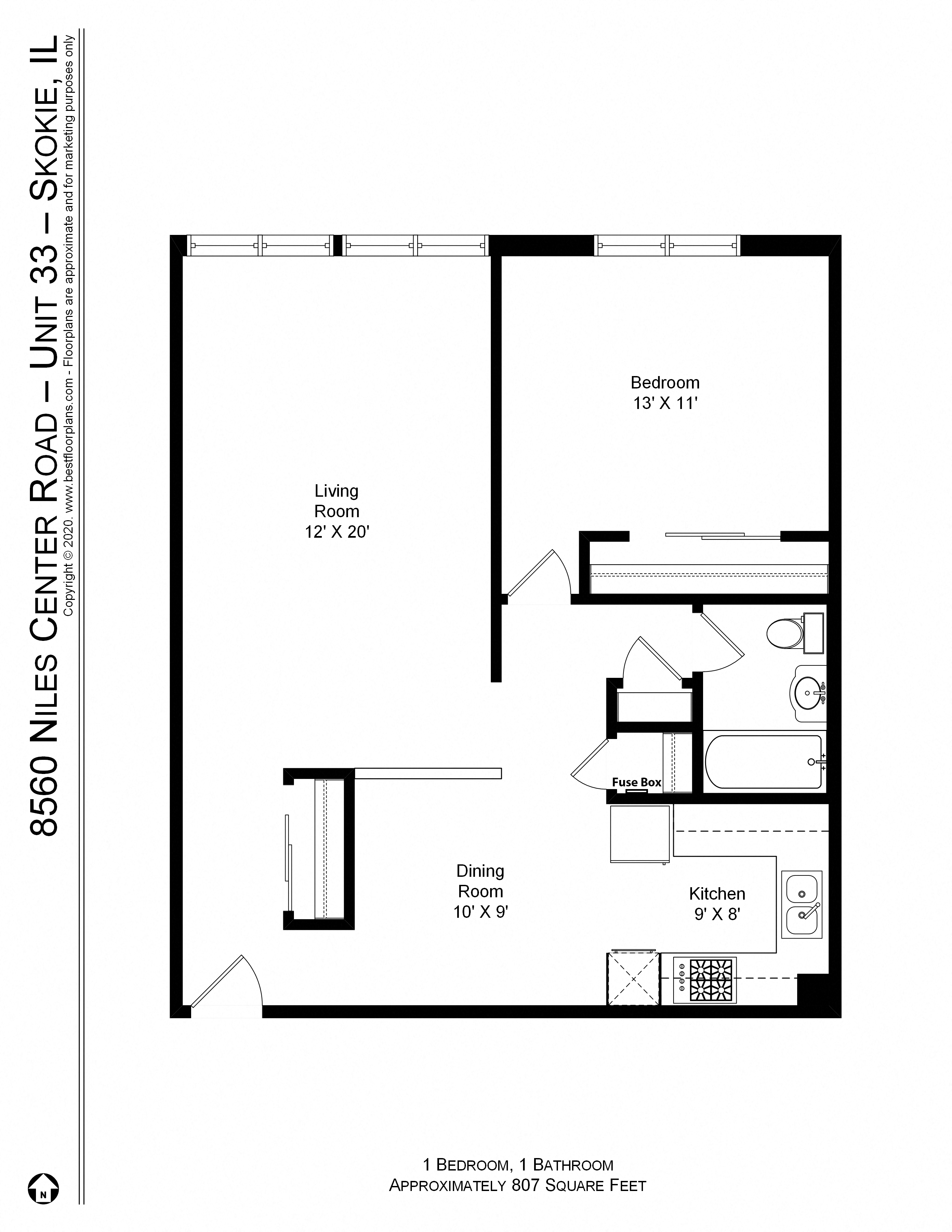 Floor plan for 1 bed, 1 bath, 807 sqft